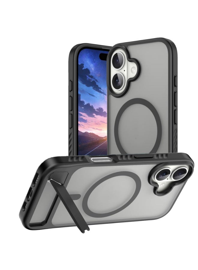 Astralxipher Strong Magnetic Shockproof iPhone 16 Case - Frosted Black Semi-Transparent Back | Hidden Stand (Horizontal/Vertical) + Anti-Slip Grip |（black） - Image 1