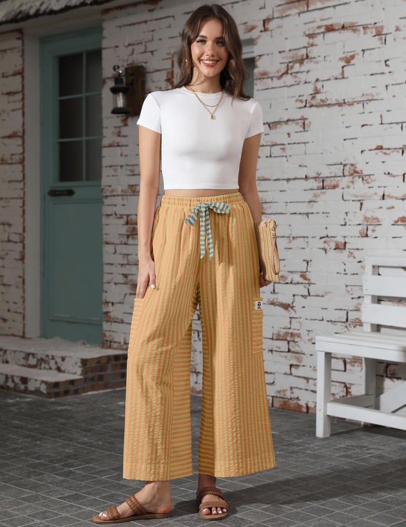 TARSE Women's Wide Leg Pants Drawstring Striped Cotton Palazzo Trousers Summer Casual Loose Flowy Harem Pants with Pockets(OrangeYellow, L) - Image 3