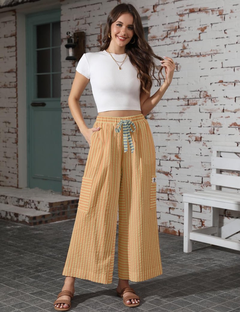 TARSE Women's Wide Leg Pants Drawstring Striped Cotton Palazzo Trousers Summer Casual Loose Flowy Harem Pants with Pockets(OrangeYellow, L) - Image 2