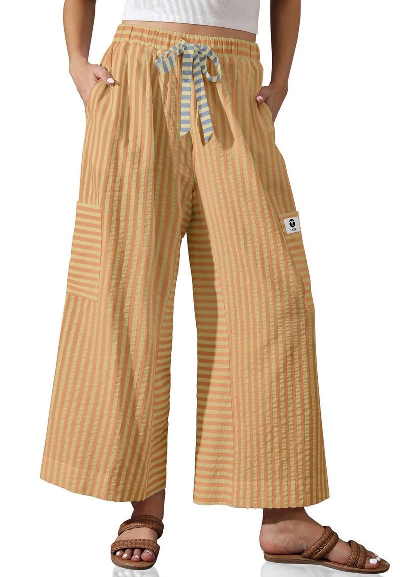 TARSE Women's Wide Leg Pants Drawstring Striped Cotton Palazzo Trousers Summer Casual Loose Flowy Harem Pants with Pockets(OrangeYellow, L) - Image 1
