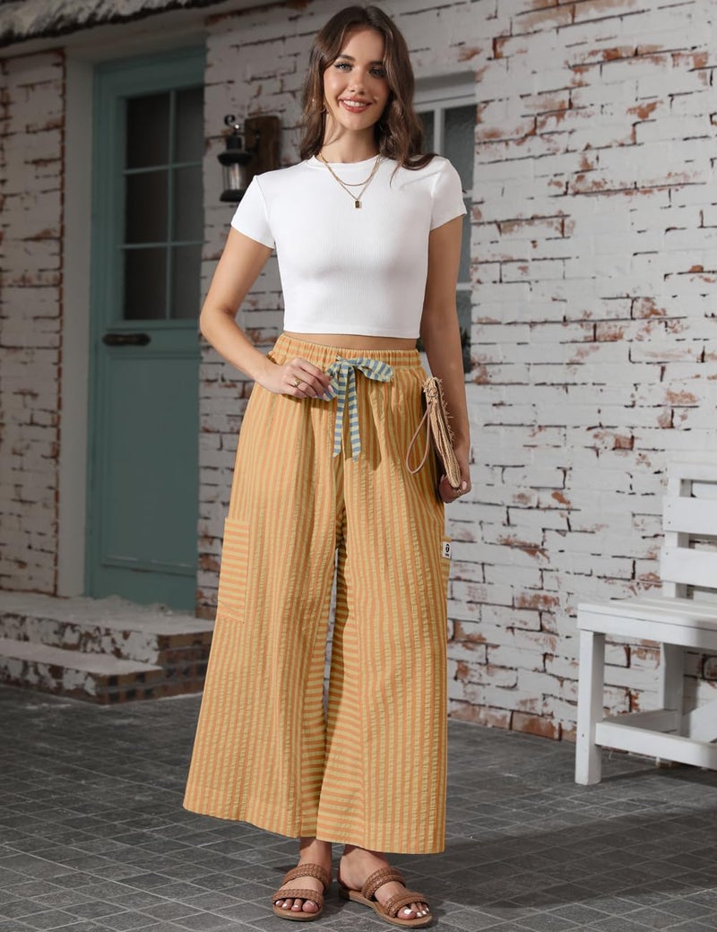 TARSE Women's Wide Leg Pants Drawstring Striped Cotton Palazzo Trousers Summer Casual Loose Flowy Harem Pants with Pockets(OrangeYellow, L) - Image 4