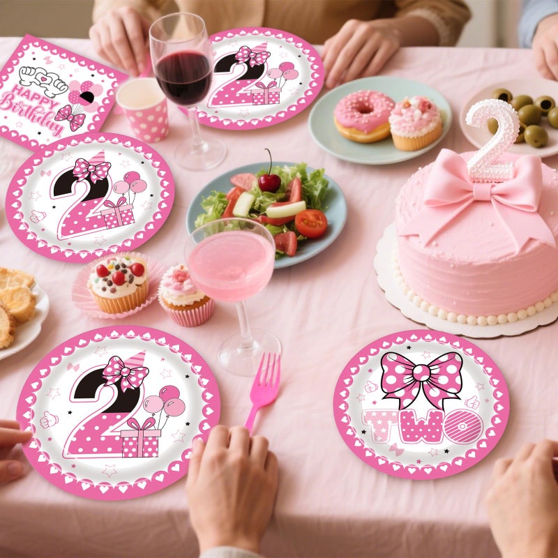 iPartyGo Oh Twodles Party Decorations - 96 Pcs Pink Cartoon Mouse Disposable Paper Dessert Plates Napkins Forks Tableware Set 2nd Birthday Supplies Favors for 2 Years Old Kids Girls Serves 24 Guests - Image 4