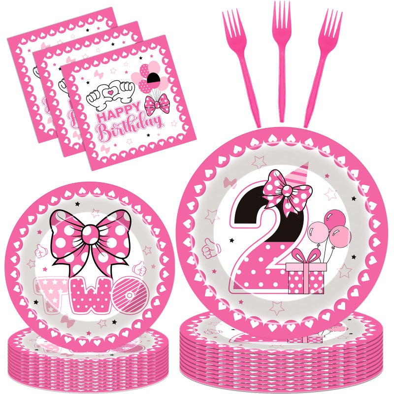 iPartyGo Oh Twodles Party Decorations - 96 Pcs Pink Cartoon Mouse Disposable Paper Dessert Plates Napkins Forks Tableware Set 2nd Birthday Supplies Favors for 2 Years Old Kids Girls Serves 24 Guests - Image 1