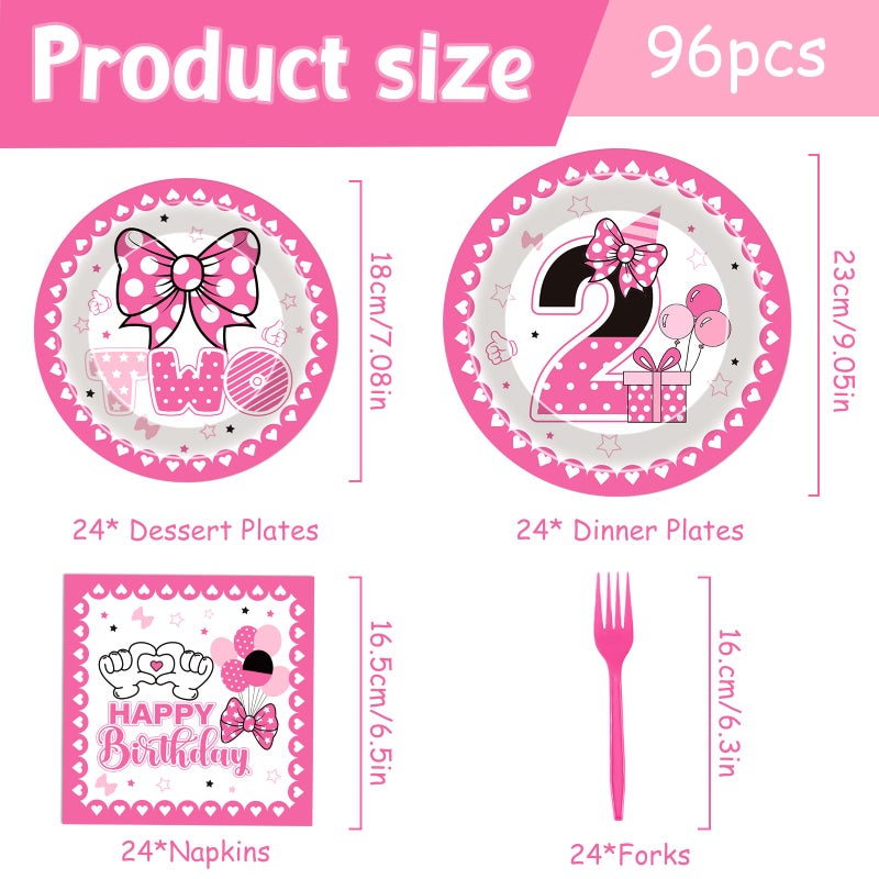 iPartyGo Oh Twodles Party Decorations - 96 Pcs Pink Cartoon Mouse Disposable Paper Dessert Plates Napkins Forks Tableware Set 2nd Birthday Supplies Favors for 2 Years Old Kids Girls Serves 24 Guests - Image 2