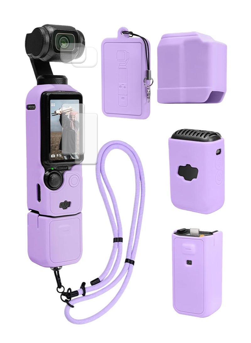 Apustim Accessory Kit For DJI Osmo Pocket 3，Including a Soft Silicone Protective Case，a Three In One Lanyard，Two Sets Of Screen Lens Protectors，And a Grip Protector （Purple） - Image 1