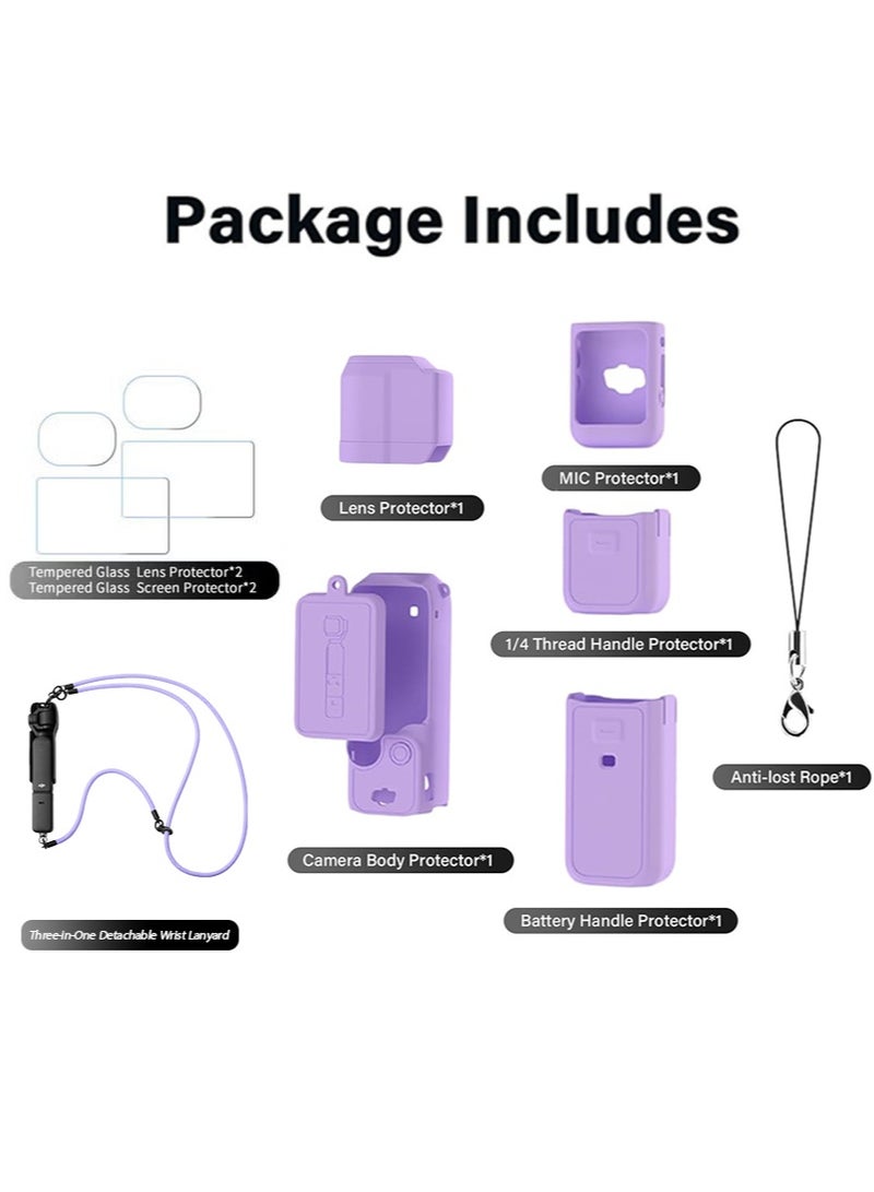 Apustim Accessory Kit For DJI Osmo Pocket 3，Including a Soft Silicone Protective Case，a Three In One Lanyard，Two Sets Of Screen Lens Protectors，And a Grip Protector （Purple） - Image 2