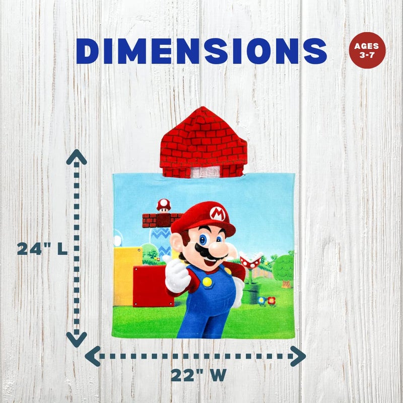 Franco Franco Super Mario Kids Beach/Pool/Bath/Camping Hooded Towel Poncho 24" X 22", Absorbent Cotton Cover up, (Official Nintendo Product), Large, Super Mario  - Image 3
