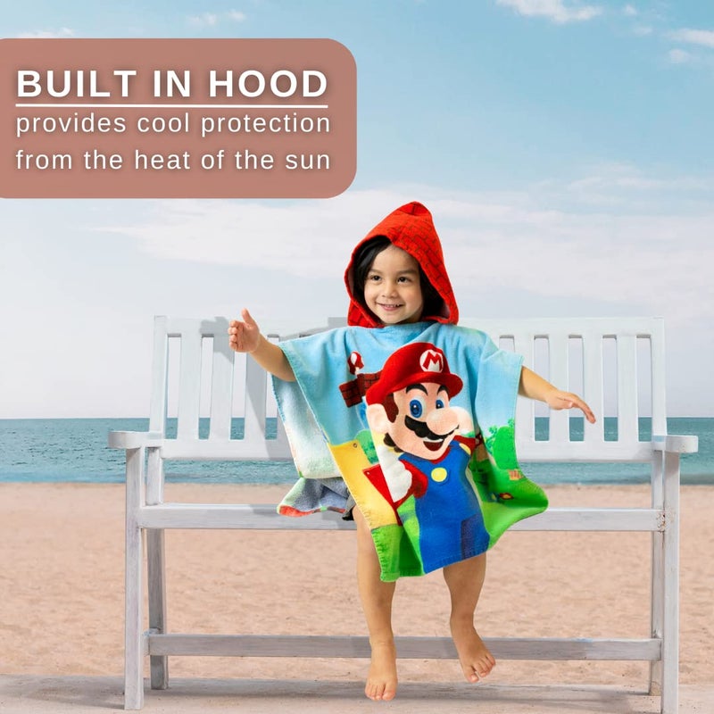 Franco Franco Super Mario Kids Beach/Pool/Bath/Camping Hooded Towel Poncho 24" X 22", Absorbent Cotton Cover up, (Official Nintendo Product), Large, Super Mario  - Image 5