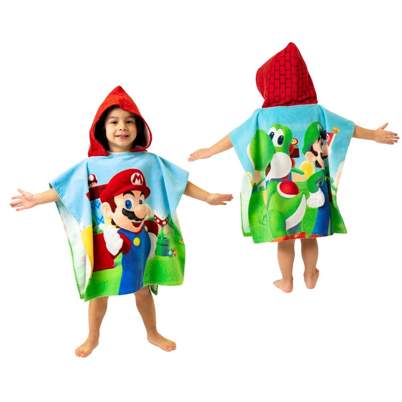 Franco Franco Super Mario Kids Beach/Pool/Bath/Camping Hooded Towel Poncho 24" X 22", Absorbent Cotton Cover up, (Official Nintendo Product), Large, Super Mario  - Image 1