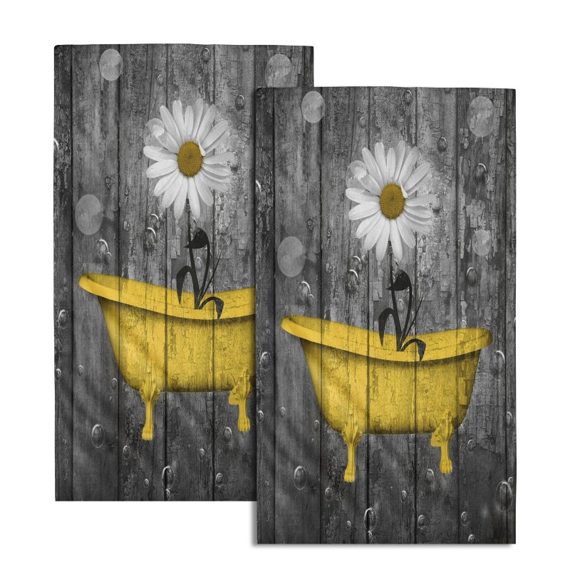 Giwawa Rustic Daisy Wooden Towels Set of 2 Bright Yellow Flower Shower in Bathtub Bubble on Vintage Country Barn Board Farmhouse Plank Hand Face Fingertip Towel for Bathroom Guest Decor
