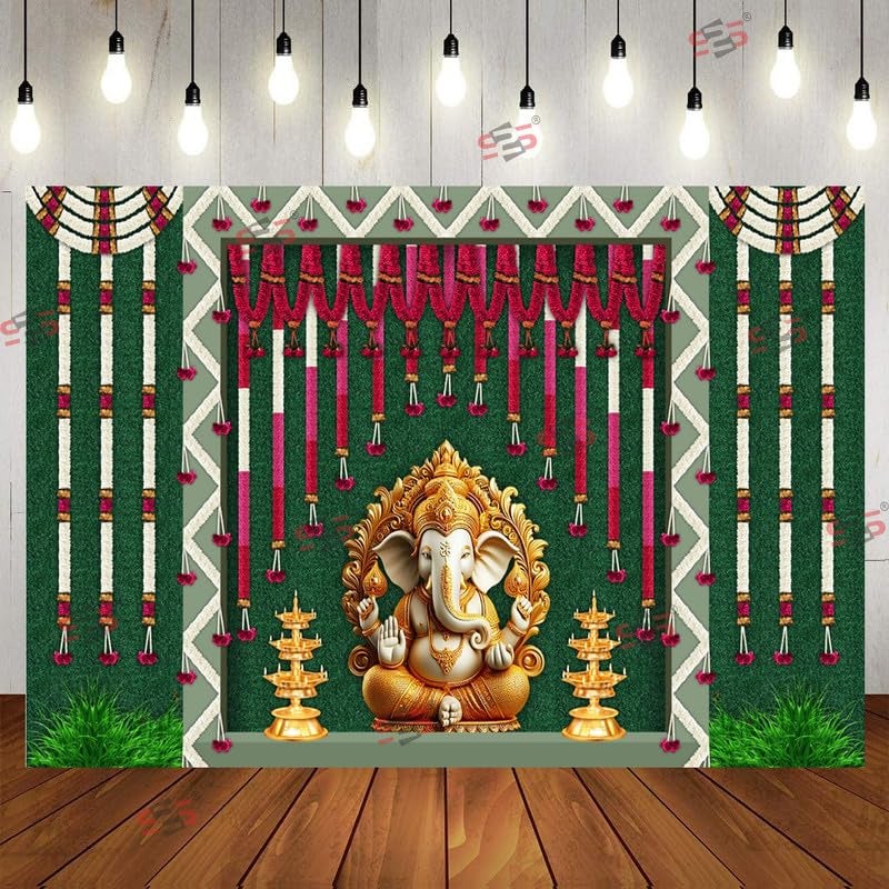 S2S Diya Ganesh Backdrop Cloth for Pooja Decoration Traditional, Background Decoration Cloth | Curtain Cloth for All Festival, Functions & Ceremonies - (5 x 8 Feet) (Diya Ganesh) - Image 1