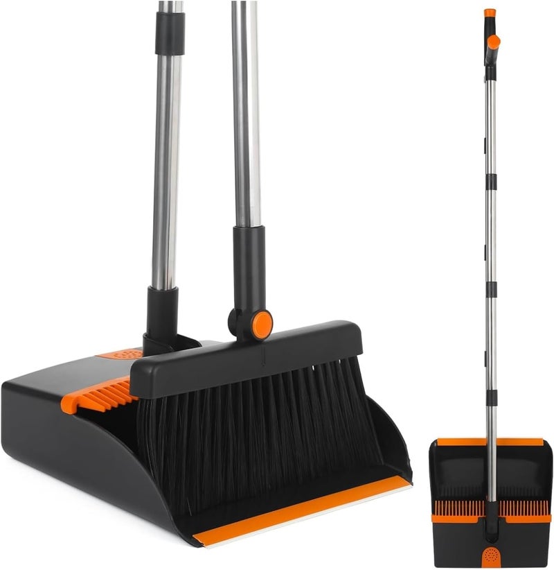 HOUSLET Broom and Dustpan Set, Large Brooms and Dust Pans with 48'' Long Handle, Upright Broom and Dustpan Comb for Lobby Dog Cat Pets Hair Home Use and Kitchen Cleaning (Orange and Black) - Image 1