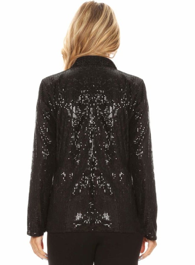 Anna-Kaci Women's Evening Sparkle Sequins Open Front Long Sleeve Blazer Jacket,Black,Medium - Image 2