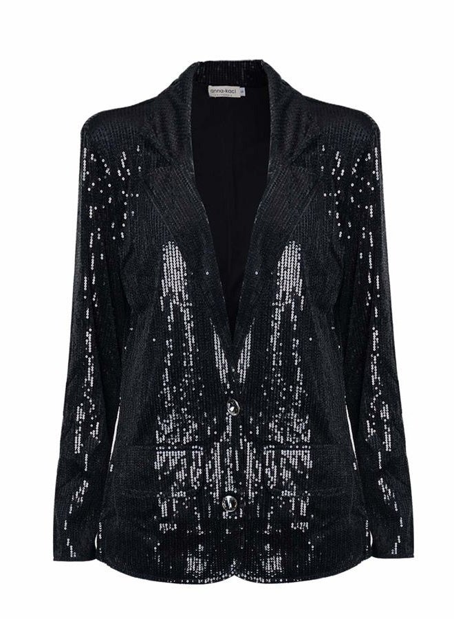Anna-Kaci Women's Evening Sparkle Sequins Open Front Long Sleeve Blazer Jacket,Black,Medium - Image 5