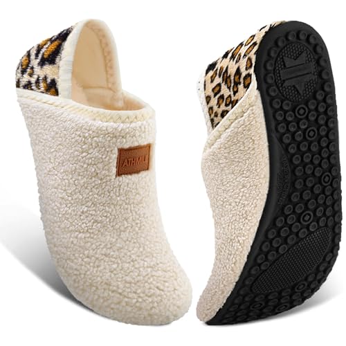ATHMILE House Slippers for Women Men Indoor Barefoot Slippers Socks Furry Slip on House Shoes Cozy Comfy for Home Bedroom Travel Yoga Women 56 Beige Leopard - Image 1