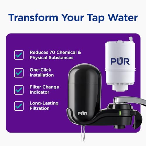 PUR PLUS Vertical Faucet Mount Water Filtration System, Lead-Reducing Filter, Great-Tasting Water, Easy Install, Lasts 100 Gallons, Compatible with Sinks with External Aerators, Stainless Steel - Image 2