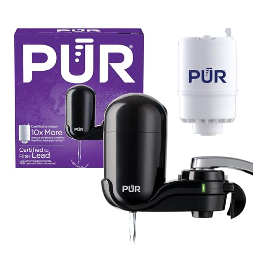 PUR PLUS Vertical Faucet Mount Water Filtration System, Lead-Reducing Filter, Great-Tasting Water, Easy Install, Lasts 100 Gallons, Compatible with Sinks with External Aerators, Stainless Steel - Image 1