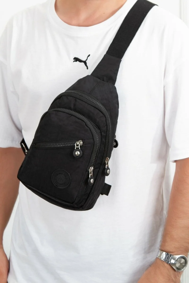 Avca Unisex Black Crinkle Cross Strap Waist Shoulder Bag
