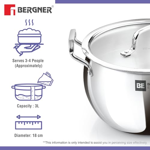 Bergner BE Essentials TriPly Stainless Steel 18 cm (3.2 L) Rice Handi with Glass Lid, Medium Size Rice Handi, Even Heat Distribution, Non-Toxic, Healthy, Less Oil Use - Induction and Gas Stove Ready - Image 5