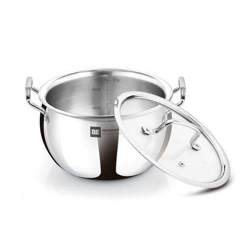 Bergner BE Essentials TriPly Stainless Steel 18 cm (3.2 L) Rice Handi with Glass Lid, Medium Size Rice Handi, Even Heat Distribution, Non-Toxic, Healthy, Less Oil Use - Induction and Gas Stove Ready - Image 1