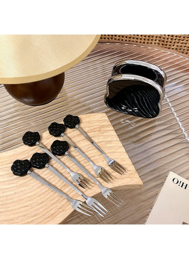 Creative Bread Fruit Fork Set Stainless Steel Dessert Forks Cute Storage Canister Fruit Stick Sign High-End Sensation Home Use-Specifications:Black Bread Fruit Fork Jar 6 Black Biscuit Fruit Fork