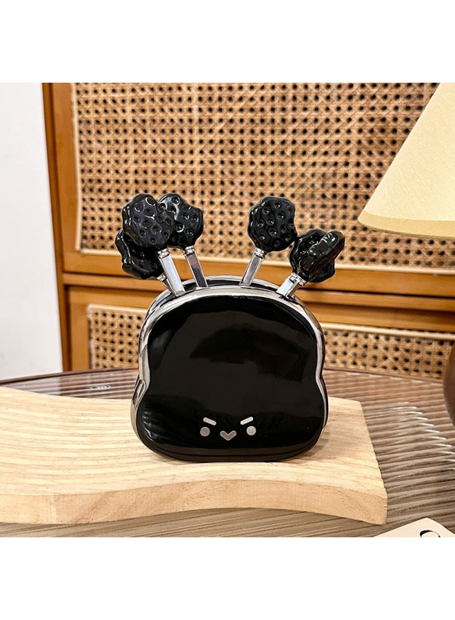 Creative Bread Fruit Fork Set Stainless Steel Dessert Forks Cute Storage Canister Fruit Stick Sign High-End Sensation Home Use-Specifications:Black Bread Fruit Fork Jar 6 Black Biscuit Fruit Fork