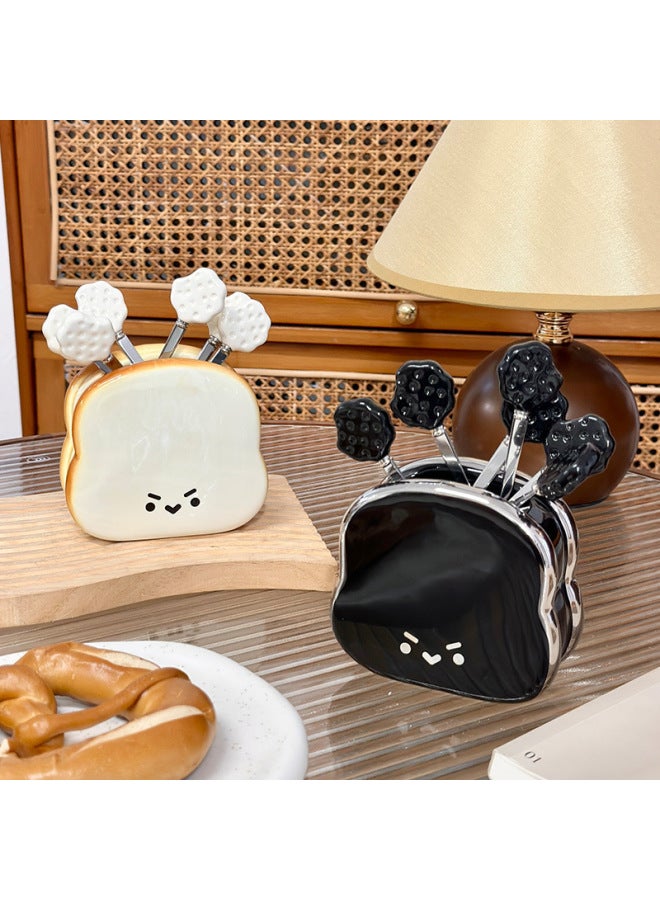 Creative Bread Fruit Fork Set Stainless Steel Dessert Forks Cute Storage Canister Fruit Stick Sign High-End Sensation Home Use-Specifications:Black Bread Fruit Fork Jar 6 Black Biscuit Fruit Fork