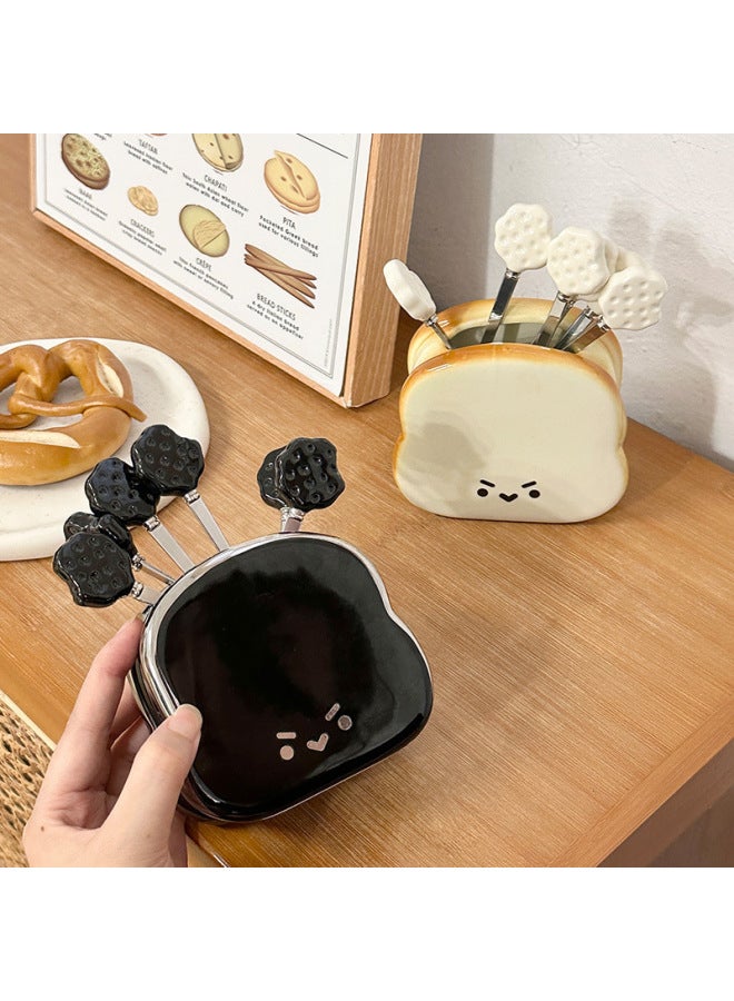 Creative Bread Fruit Fork Set Stainless Steel Dessert Forks Cute Storage Canister Fruit Stick Sign High-End Sensation Home Use-Specifications:Black Bread Fruit Fork Jar 6 Black Biscuit Fruit Fork