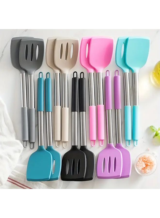 2pcs Silicone Solid Spatula and Slotted Turner Set Non Stick Cooking Pancake Flipper Kitchen Utensils Apartment College Dorm Essentials Pink - Image 1