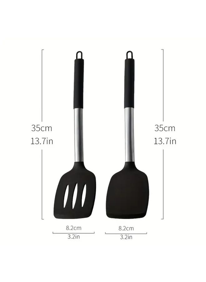 2pcs Silicone Solid Spatula and Slotted Turner Set Non Stick Cooking Pancake Flipper Kitchen Utensils Apartment College Dorm Essentials Pink - Image 3