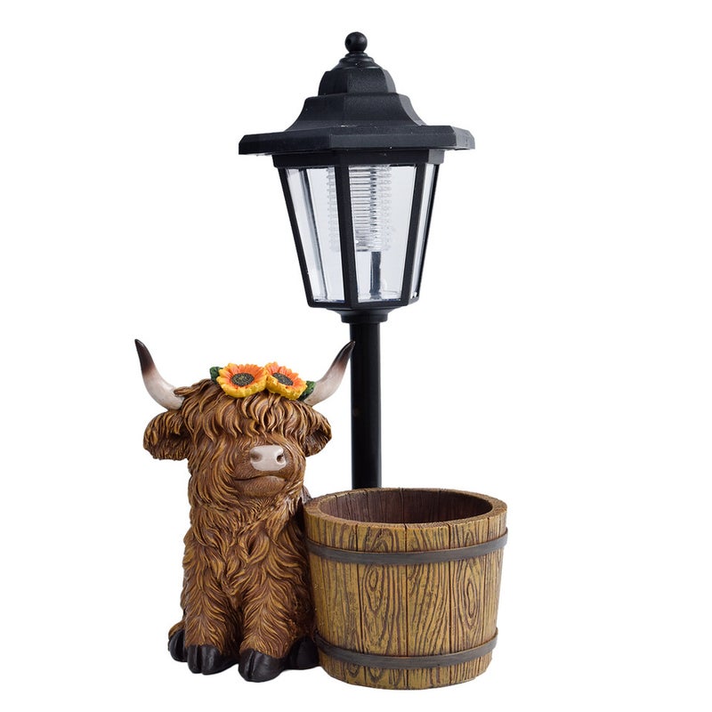 Simulation Resin Highland Cow with Planter Solar Outdoor Light Animal Statue for Garden Path Lamp - Image 3
