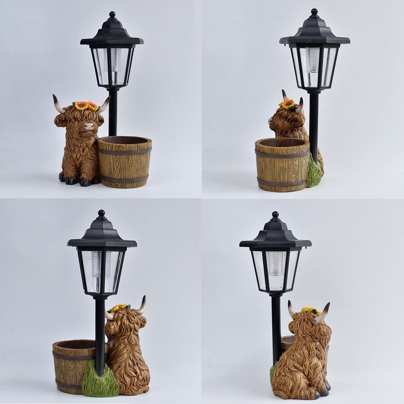 Simulation Resin Highland Cow with Planter Solar Outdoor Light Animal Statue for Garden Path Lamp - Image 4