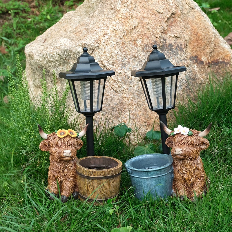 Simulation Resin Highland Cow with Planter Solar Outdoor Light Animal Statue for Garden Path Lamp - Image 5