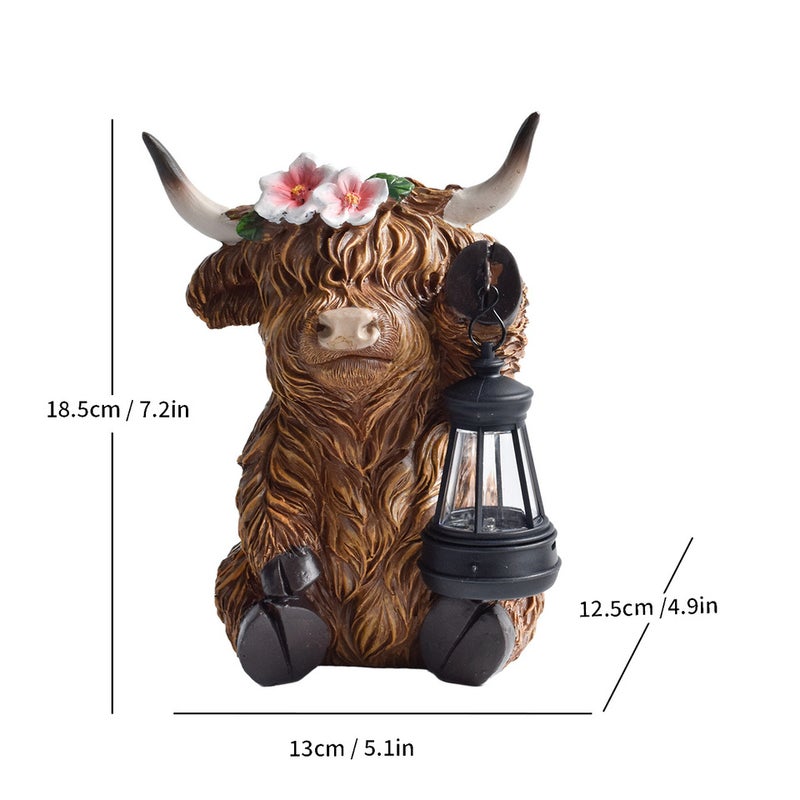 Simulation Resin Highland Cow with Planter Solar Outdoor Light Animal Statue for Garden Path Lamp - Image 1