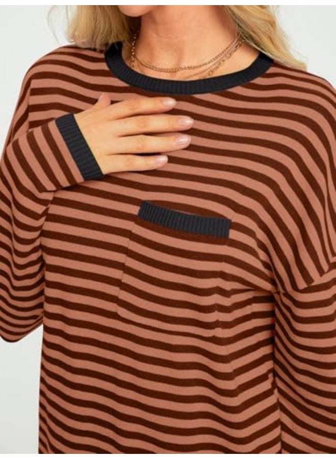 NIBEMINENT Womens Striped Soft Knit Pullover Sweater Loose Fit Shirts with Chest Pocket - Image 5