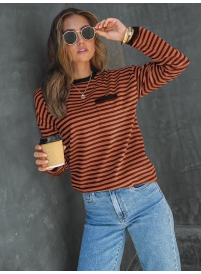 NIBEMINENT Womens Striped Soft Knit Pullover Sweater Loose Fit Shirts with Chest Pocket - Image 2
