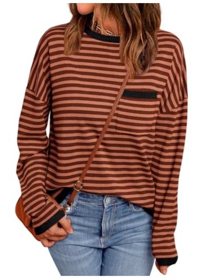 NIBEMINENT Womens Striped Soft Knit Pullover Sweater Loose Fit Shirts with Chest Pocket - Image 1