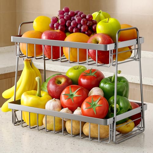 Sakugi Fruit Basket for Kitchen Counter 2Tier Fruit Bowl with Removable Banana Hanger Handles Rustproof Fruit Holder for Kitchen Living Room Bathroom 13487117 Silver - Image 1