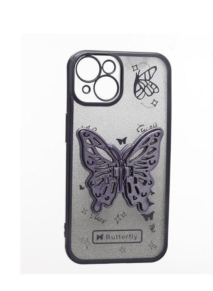 C.F.S Back Cover for Glitter Plastic Back Cover With Butterfly Apple iPhone 14 / iPhone 13 / iPhone 15 - Slim Plastic Case, Shockproof, Scratch Resistant ? Black CF-A-M-616 - Image 1