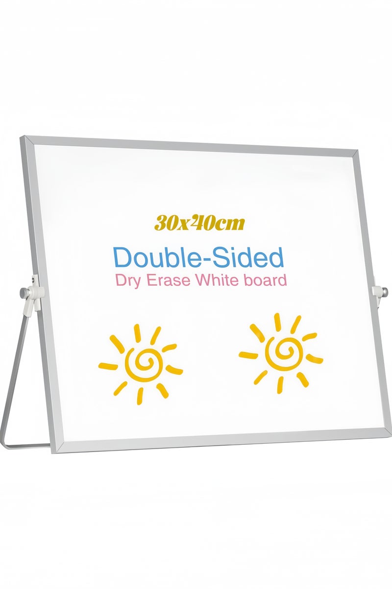 GGEROU سبورة بيضاء قابلة للمسح الجاف صغيرة 360 درجة قابلة للعكس، سبورة مكتبية مغناطيسية محمولة مزدوجة الجوانب مع حامل 30x40 سم - Image 1