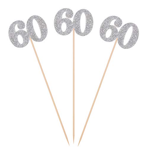 Giuffi Pack of 10 Silver Glitter 60th Birthday Centerpiece Sticks Number 60 Table Topper Age Letter Decorations - Image 1