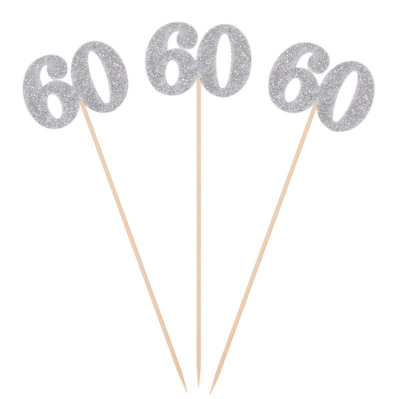 Giuffi Pack of 10 Silver Glitter 60th Birthday Centerpiece Sticks Number 60 Table Topper Age Letter Decorations - Image 2