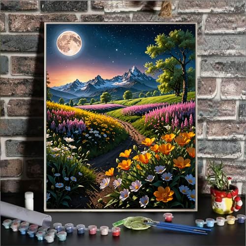 ldazao Flower Paint by Numbers Kit for Adults Beginner Moon Paint by Number Kits Acrylic On Canvas Tree Oil Painting Kit Adults' Paint-by-Number Kits for Gift Home Wall Decor 16x20 Inch - Image 2