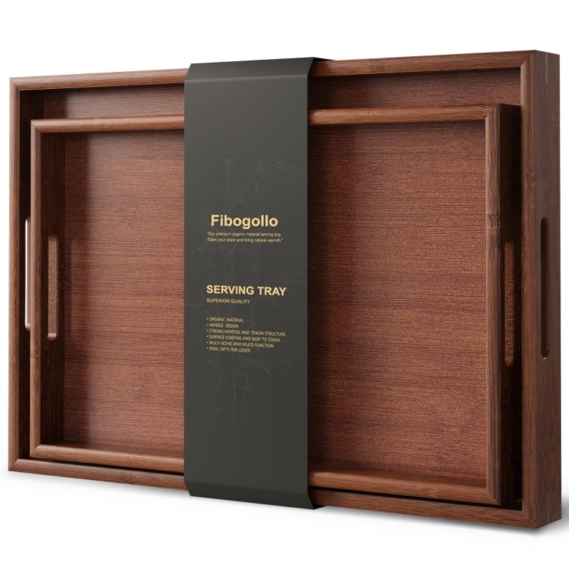 Fibogollo Bamboo Set of 2 Serving Tray with Handles,Decorative Trays Platter,Breakfast Tray in Bed,Food Drinks Tray for Eating,Working,Storing(Brown) - Image 1
