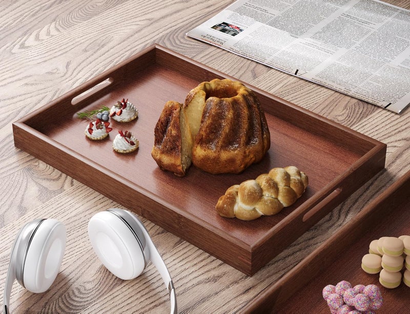 Fibogollo Bamboo Set of 2 Serving Tray with Handles,Decorative Trays Platter,Breakfast Tray in Bed,Food Drinks Tray for Eating,Working,Storing(Brown) - Image 4