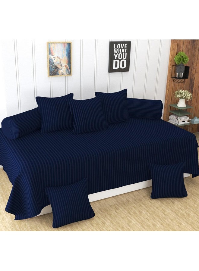 Homefab India 160 Tc Stripe Glace Cotton Diwan Set - 8 Piece - Navy Blue, 1 Bedsheet, 2 Bolster Cover, 5 Cushion Cover - Image 1