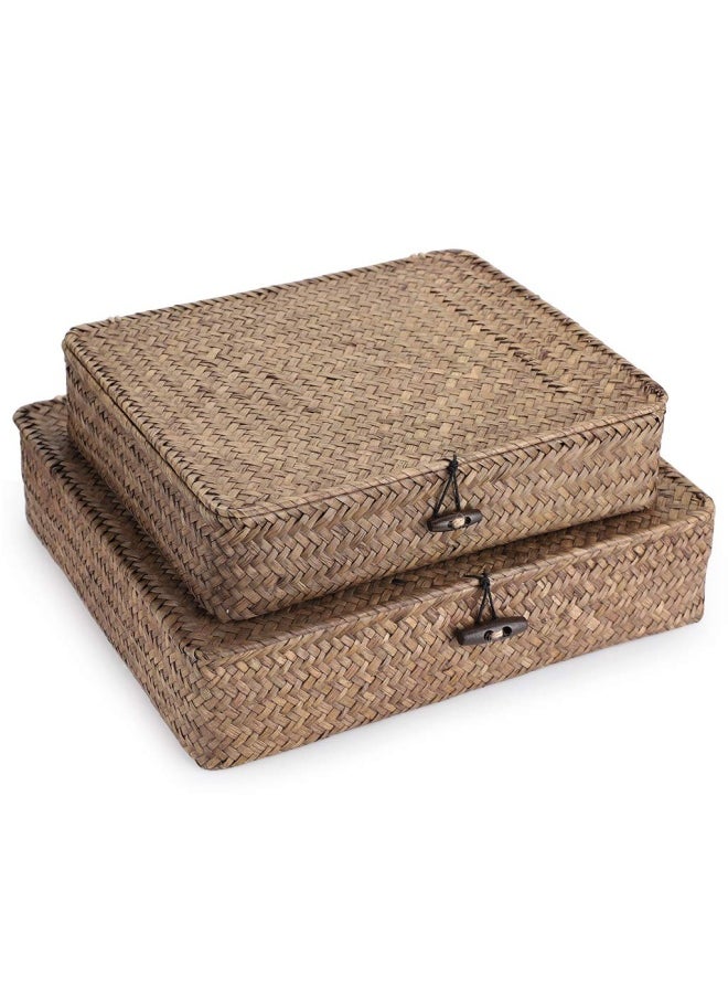 Hipiwe Hipiwe Set of 2 Flat Woven Wicker Storage Bins with Lid Natural Seagrass Basket Boxes Multipurpose Home Organizer Bins Boxes for Shelf Organizer  Coffee  - Image 1