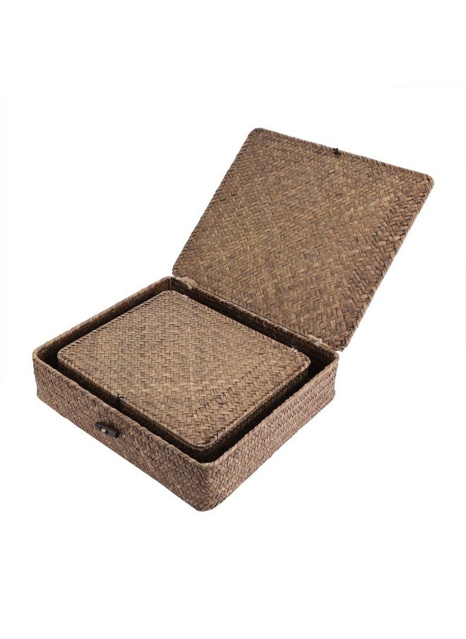 Hipiwe Hipiwe Set of 2 Flat Woven Wicker Storage Bins with Lid Natural Seagrass Basket Boxes Multipurpose Home Organizer Bins Boxes for Shelf Organizer  Coffee  - Image 4