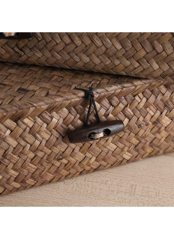 Hipiwe Hipiwe Set of 2 Flat Woven Wicker Storage Bins with Lid Natural Seagrass Basket Boxes Multipurpose Home Organizer Bins Boxes for Shelf Organizer  Coffee  - Image 3