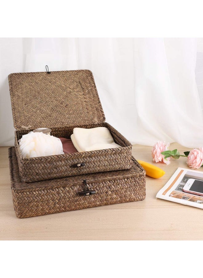 Hipiwe Hipiwe Set of 2 Flat Woven Wicker Storage Bins with Lid Natural Seagrass Basket Boxes Multipurpose Home Organizer Bins Boxes for Shelf Organizer  Coffee  - Image 2